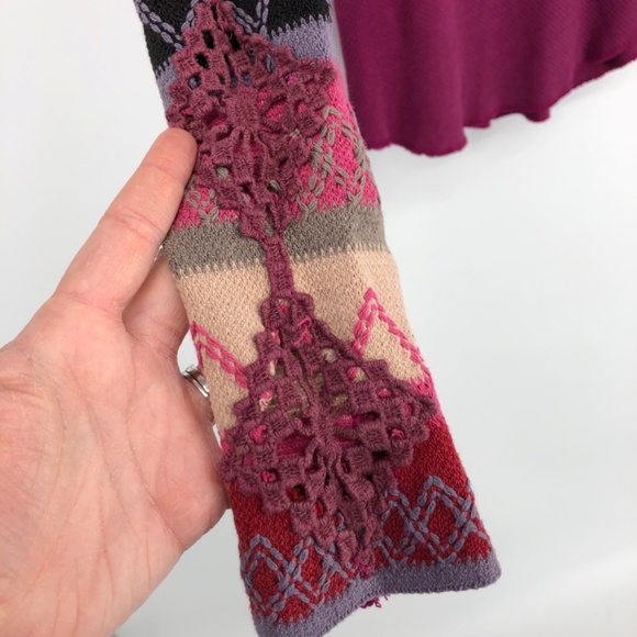 Free People Thermal Top Size M Purple Fitted Notch Neck Crochet Long Sleeve - Picture 11 of 16